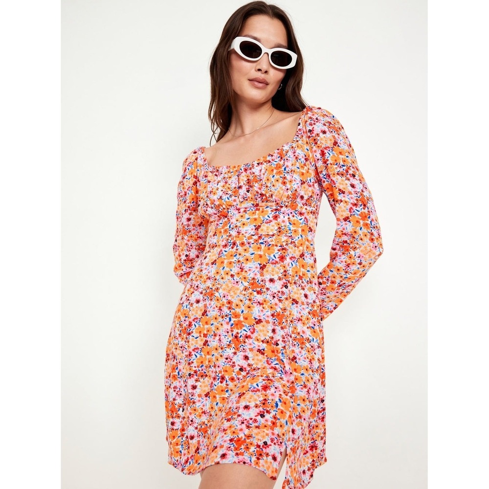 Old Navy Orange Pink Colorful Floral Long Sleeve Summer Mini‎ Dress Size 2XL